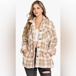 Love Tree Women's Cozy Soft Sherpa Teddy Coat Plaid Shacket
